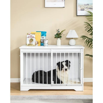 100cm Cage pour Chiens, Table d’Appoint, Niche Moderne pour Chiens, Cage pour Chiots, Maisonnette pour Animaux, 2 Portes, Blanc