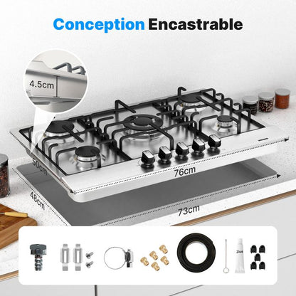 Plaque de Cuisson Gaz - WEHIMO - 5 Feux - Inox - Encastrable - 76x50 cm