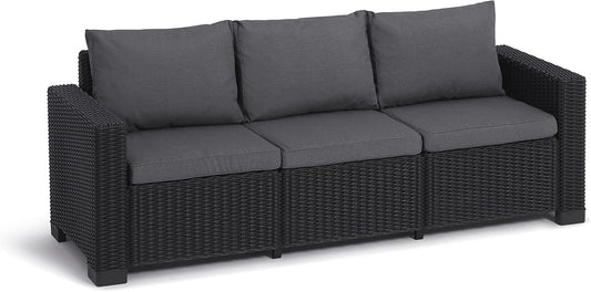 Allibert by Keter California Canapé de Jardin 3 Places avec Coussins d'assise et de Dossier, en Plastique, Aspect rotin, Rond, Graphite/Gris Froid, 199 x 68 x 72 cm