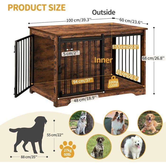 Cage pour Chien, 100 cm Meuble Cage Chien,avec Porte coulissante, 2 Portes, Niche Moderne pour Chiens, 100 x 60 x 68 cm, Noir