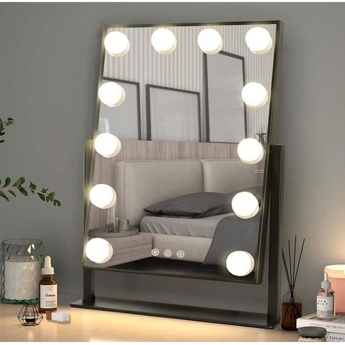 Miroir Tactile de Maquillage sur Table - WILLONIN - Lumière Froide et Chaude - 14 Ampoules LED - 62 x 52 cm