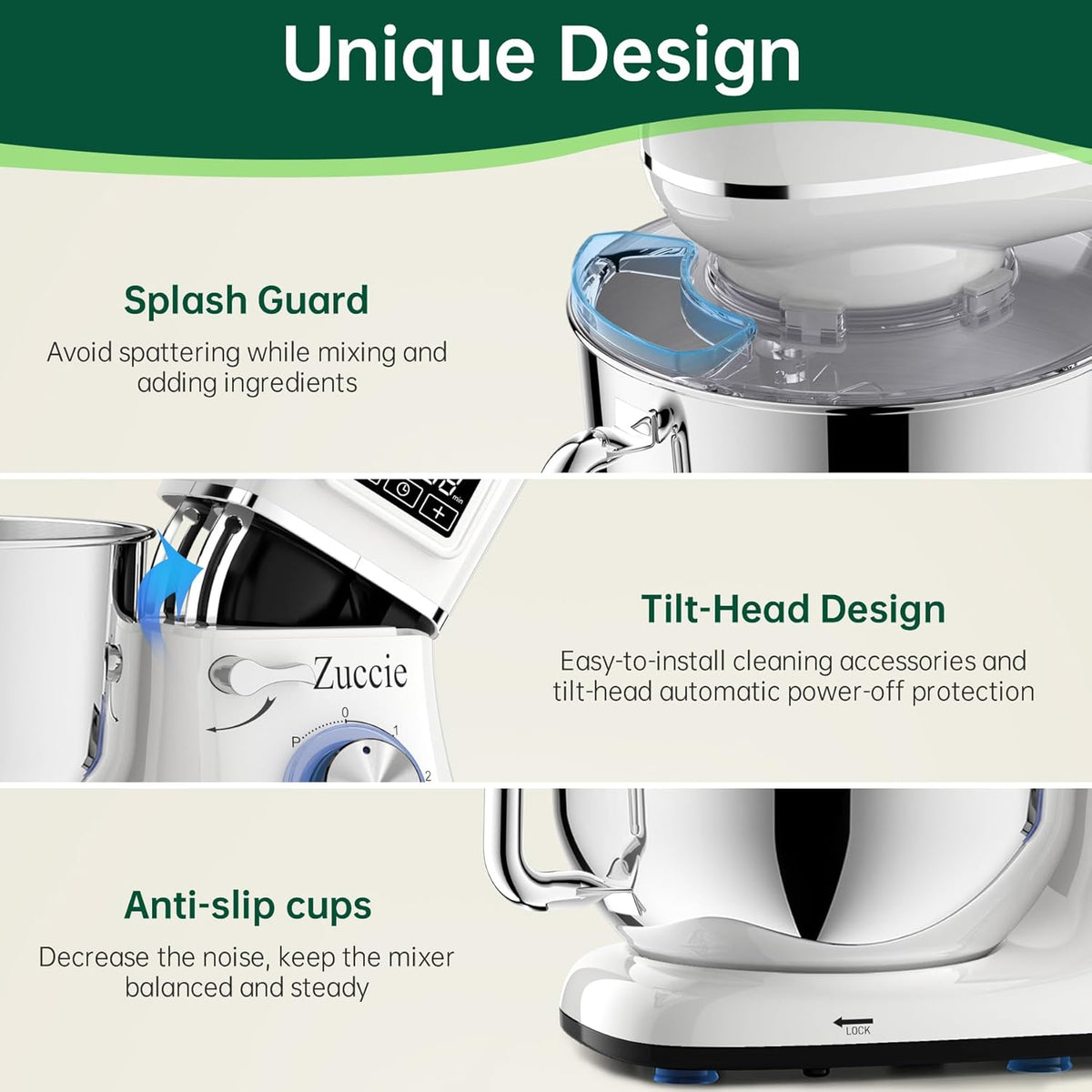Robot Patissier, Zuccie 5 L Robot Ptissier, 1000W Robot Cuisine avec Fouet, Batteur, Crochet, Bol d'Acier Inoxydable et Pare-éclaboussures, 8+P Vitesses Robot Pétrin Professionnel (Noir)