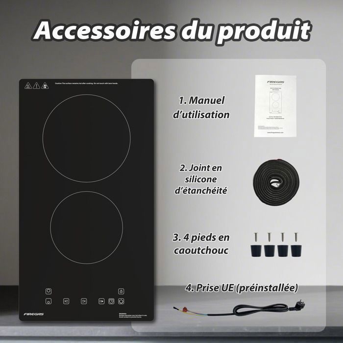 Plaque de Cuisson Vitrocéramique FIREGAS - 4 zones 7200W - L59 x P52 cm - Noir