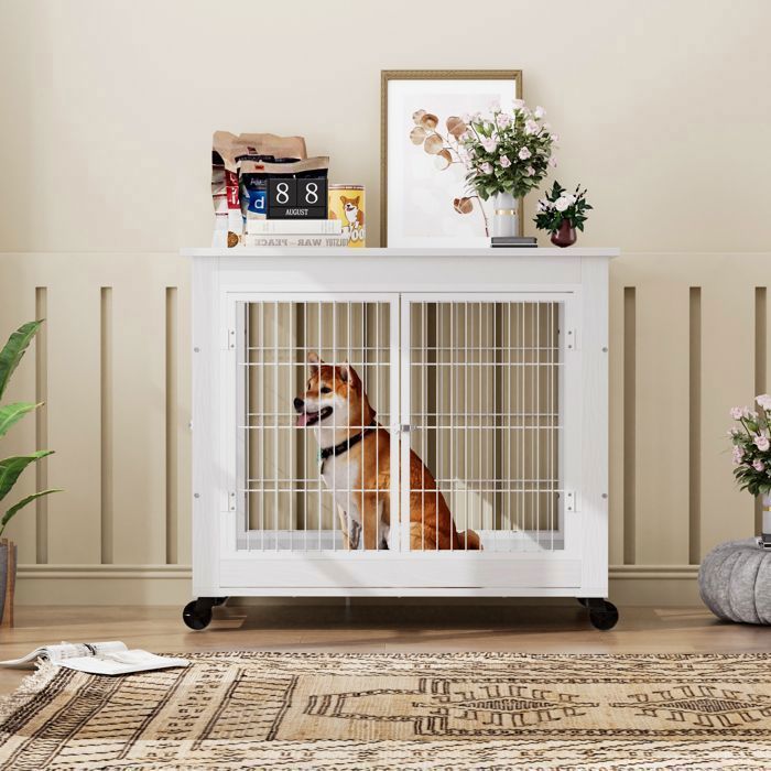 Cage pour chien meuble - Memkey - 80 x 56 x 69,5 cm - Panneau de particules et acier blanc - Roulettes, double porte