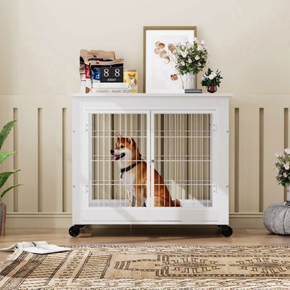Cage pour chien meuble - Memkey - 80 x 56 x 69,5 cm - Panneau de particules et acier blanc - Roulettes, double porte
