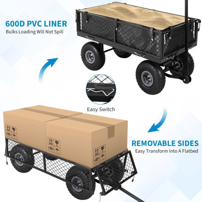 Chariot de Jardin Basculeur Renforcé - Capacité 600 lb (272 kg) -Réglable à 180° - Roues Tout-Terrain 10"- Résistant à la Rouille