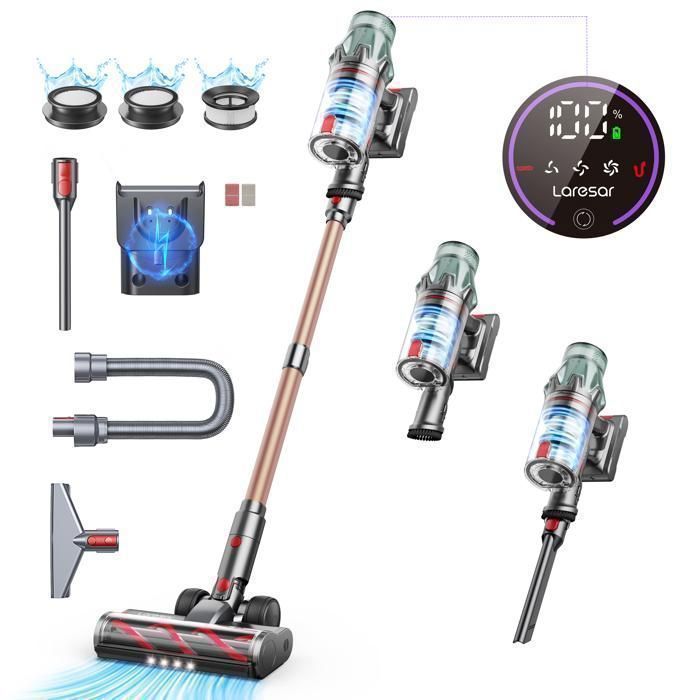 Laresar Aspirateur Balai sans Fil, 65KPa/600W/70 Mins,Tuyau Extensible 1M, Parfumé, Chargement Mural, Poils d'Animaux/Tapis/Voiture