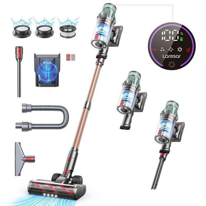 Laresar Aspirateur Balai sans Fil, 65KPa/600W/70 Mins,Tuyau Extensible 1M, Parfumé, Chargement Mural, Poils d'Animaux/Tapis/Voiture
