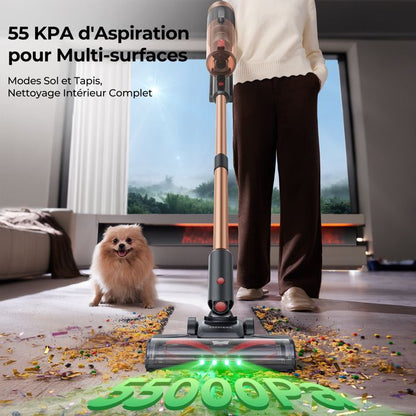 Proscenic aspirateur balai sans fil PO11 Ultra-Aspiration 55 kPa-Brosse Anti-Emmêlement - Pivot flexible à 180°- Design Autonome