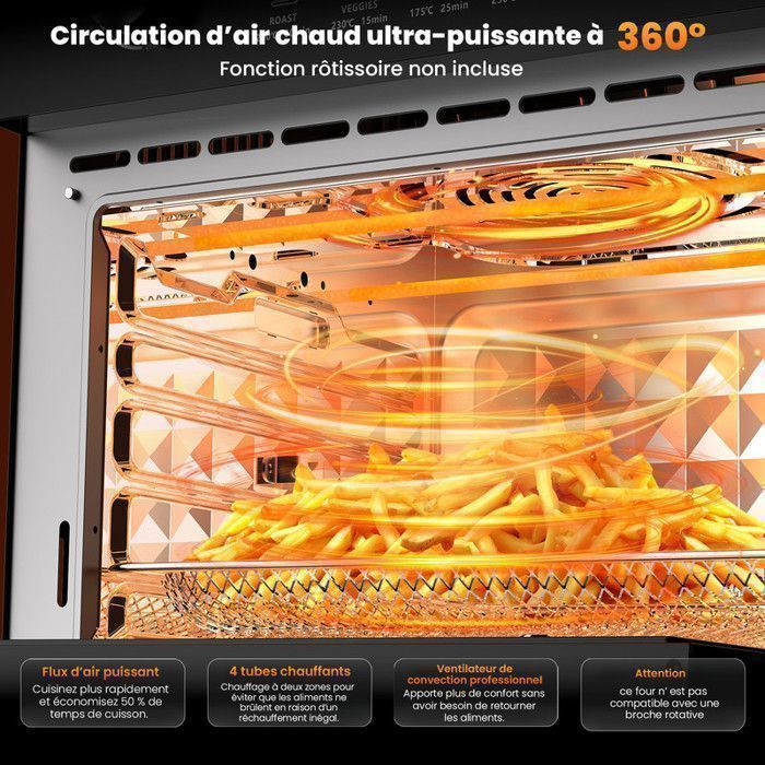 Friteuse sans Huile 12L - Panier Flexible - Écran LED - Cuisson 360° Sans Huile - 10 Programmes - Fenêtre transparente - Air fryer