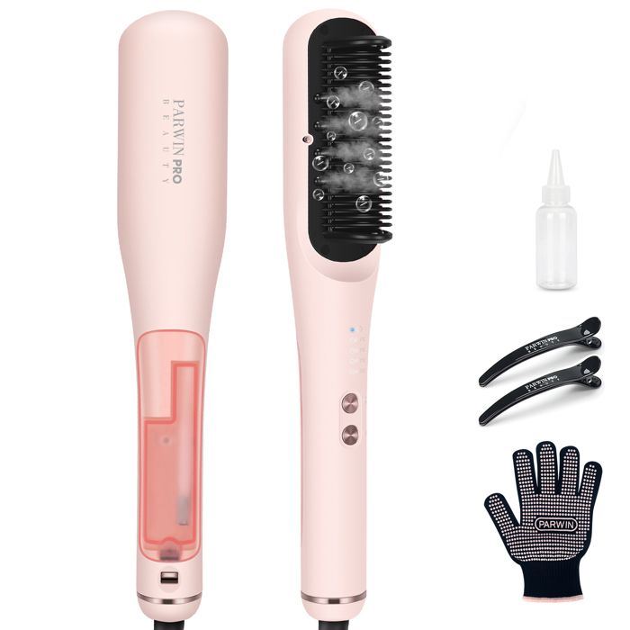 Brosse Lissante à Vapeur Pro, PARWIN PRO BEAUTY, Affichage LED, Ions & Vapeur pour Soin Double, 4 Réglages de Température – Blanc