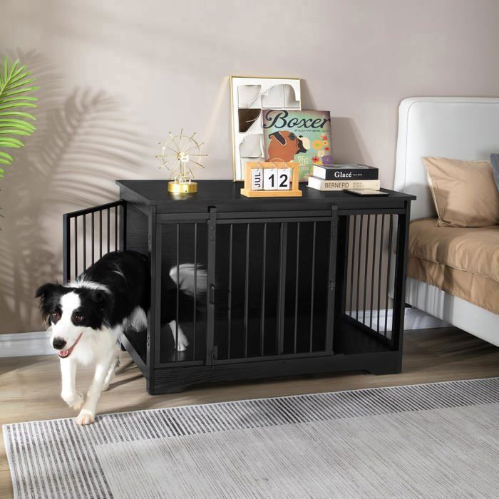 100cm Cage pour Chiens, Table d’Appoint, Niche Moderne pour Chiens, Cage pour Chiots, Maisonnette pour Animaux, 2 Portes