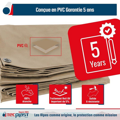 TECPLAST Bâche pour Carport 3x6 m LP506CP Beige foncé - Garantie 5 ans - Toile PVC étanche pour abri de voiture