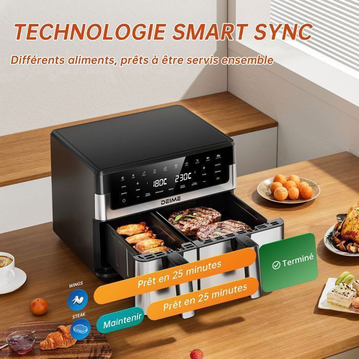 DEIME Air Fryer 6.5L+3.5L - Friteuse sans Huile 10L - Double cuve - 10 Programmes de cuisson - 2800W - Noir