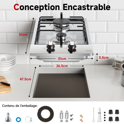 Plaque de Cuisson Gaz - WEHIMO - 5 Feux - Inox - Encastrable - 76x50 cm