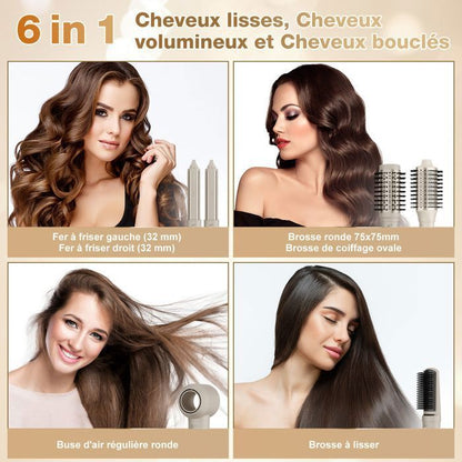 Brosse soufflante haute vitesse - MCURO - 6 en 1 1500W - 3 Vitesses & 3 Températures - Thermostat intelligent - Soin Cheveux - Gris