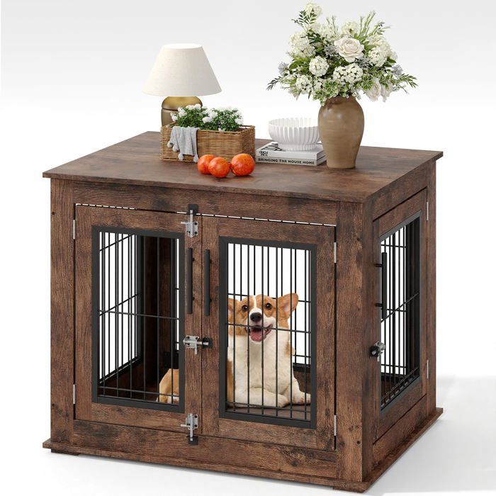 Cage pour Chien en Bois Rustique avec Double Porte – Meuble d'Appoint Style Ferme Cage pour Chien Meuble 80×60x66cm, Brun