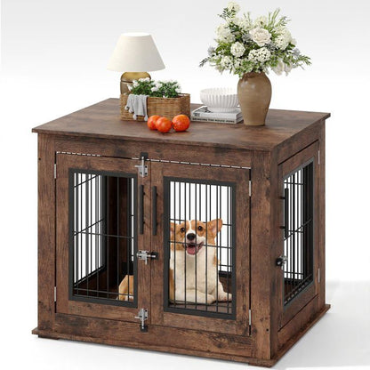 Cage pour Chien en Bois Rustique avec Double Porte – Meuble d'Appoint Style Ferme Cage pour Chien Meuble 80×60x66cm, Brun