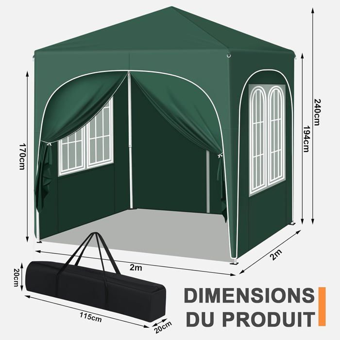WOLTU Tonnelle de Jardin 2x2m, Pergola Pliante, Barnum avec 4 Parois Latérales, Hauteur Réglable, Gazebo Imperméable, Anti-UV, Vert