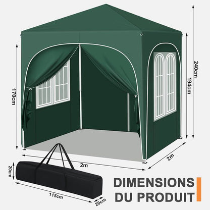 WOLTU Tonnelle de Jardin 2x2m, Pergola Pliante, Barnum avec 4 Parois Latérales, Hauteur Réglable, Gazebo Imperméable, Anti-UV, Vert