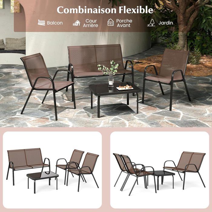 COSTWAY 4 PCS Ensemble Table et Chaises de Jardin Extérieur, Chaises et Causeuse avec Siège en Tissu, Plateau en Verre Trempé, Bleu