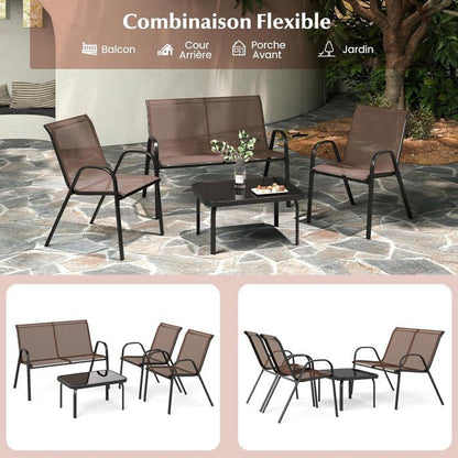 COSTWAY 4 PCS Ensemble Table et Chaises de Jardin Extérieur, Chaises et Causeuse avec Siège en Tissu, Plateau en Verre Trempé, Bleu