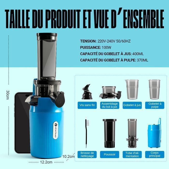 Extracteur de Jus - VENTRAY - Ginnie - Compact - 100 Watt - Rose vif
